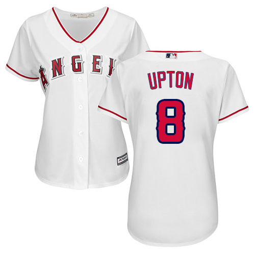 Angels #8 Justin Upton White Home Women's Stitched MLB Jersey - Click Image to Close